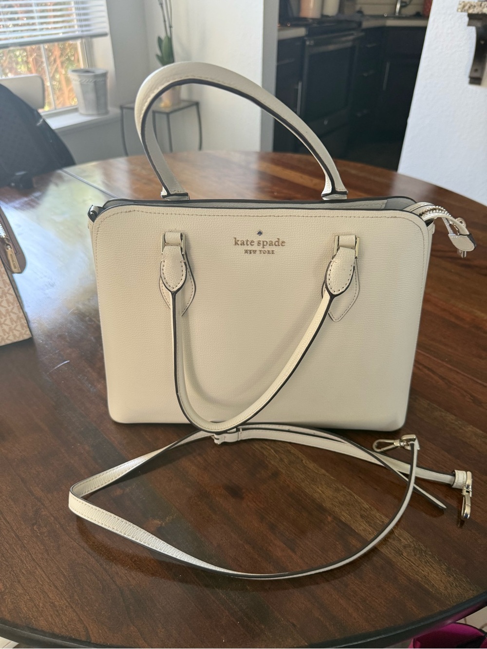 kate spade Cream Structured Double-Handle Satchel with Crossbody Strap